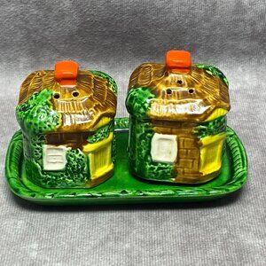 Vintage Ceramic Cottage Salt & Pepper Shakers With Tray Made In Occupied Japan